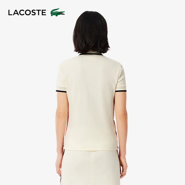 【LACOSTE】女裝-修身法國製側腰飾邊短袖Polo衫(白色)