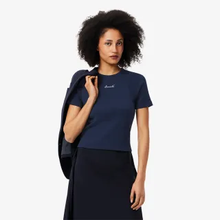 【LACOSTE】女裝-合身剪接造型文字短袖T恤(海軍藍)
