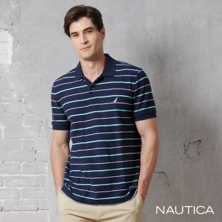 【NAUTICA】官方旗艦 男裝 撞色條紋休閒短袖POLO衫(黑色)