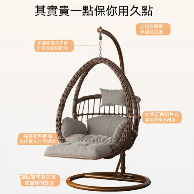 【E-home家居】吊籃藤椅 搖籃椅 吊籃椅 鳥巢吊床搖椅 吊椅 陽台鞦韆(單人款帶腳踏 優質藤條 預購15天)
