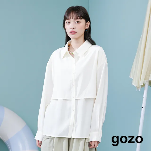 【gozo】MOMO獨家款★限量開賣 假兩件綁帶造型薄長袖襯衫(兩色)