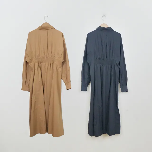 【MASTINA】高貴優雅腰身襯衫領長袖長洋裝(藍 卡/魅力商品)