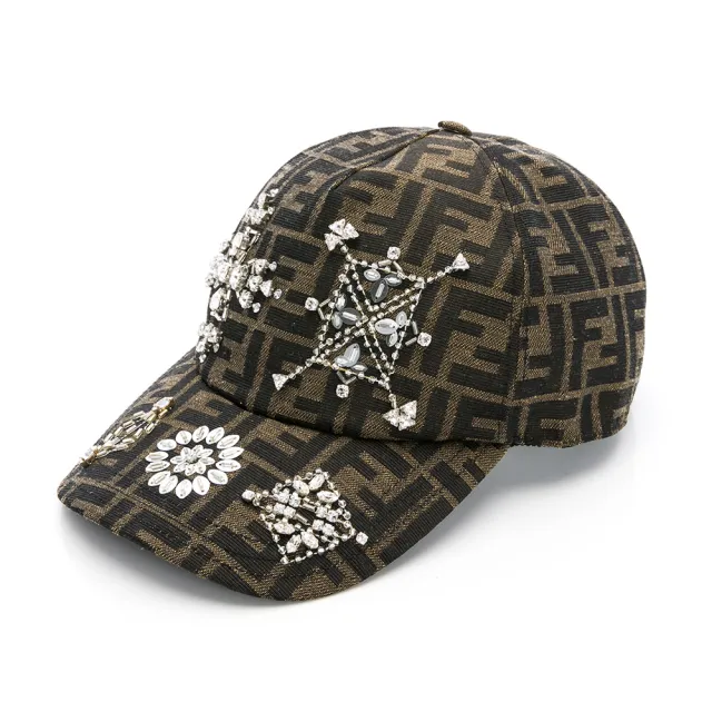 【FENDI 芬迪】水晶亮片裝飾滿版logo棒球帽(咖啡黑)