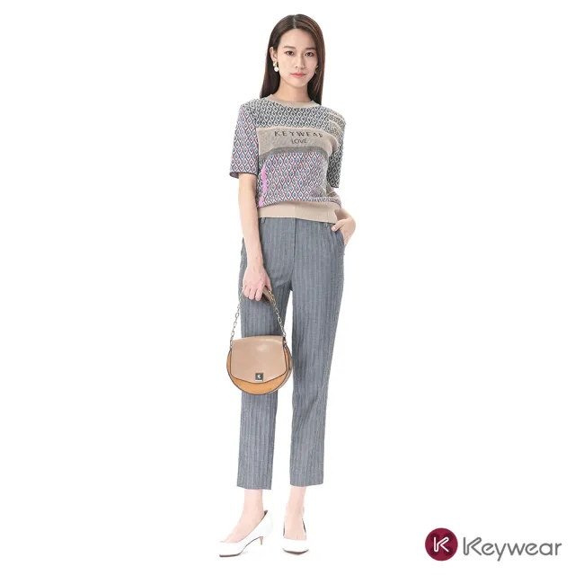 【KeyWear 奇威名品】舒適職裝條紋高腰直筒褲
