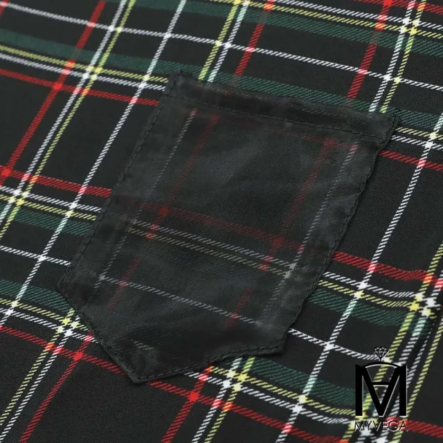 【MYVEGA 麥雪爾】MA跳色翻領格紋飛鼠袖雪紡上衣-黑(通勤風/)