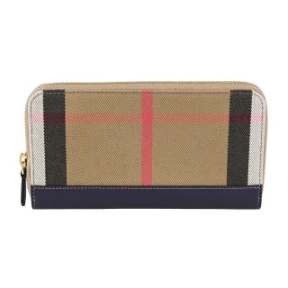 【BURBERRY 巴寶莉】BURBERRY經典格紋織布拼接牛皮12卡ㄇ字型拉鍊長夾(深藍)