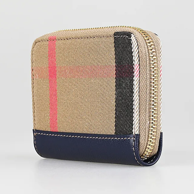 【BURBERRY 巴寶莉】BURBERRY內燙金字LOGO格紋帆布拼牛皮4卡ㄇ形拉鍊卡夾零錢包(深藍)