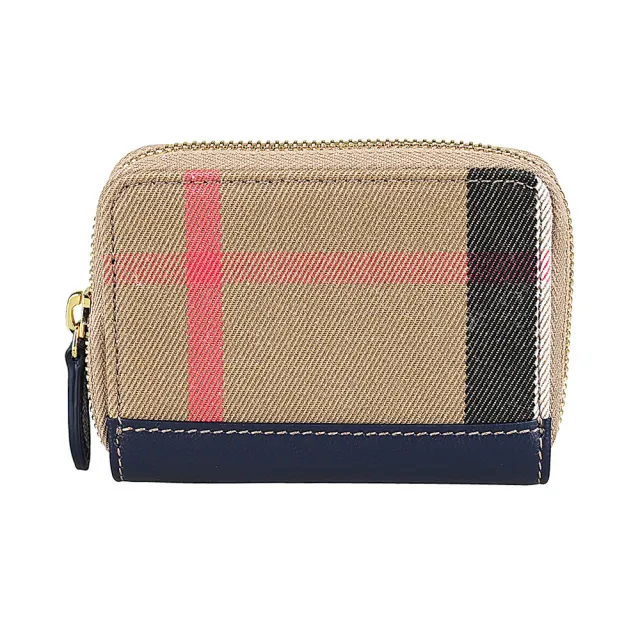 【BURBERRY 巴寶莉】BURBERRY內燙金字LOGO格紋帆布拼牛皮4卡ㄇ形拉鍊卡夾零錢包(深藍)