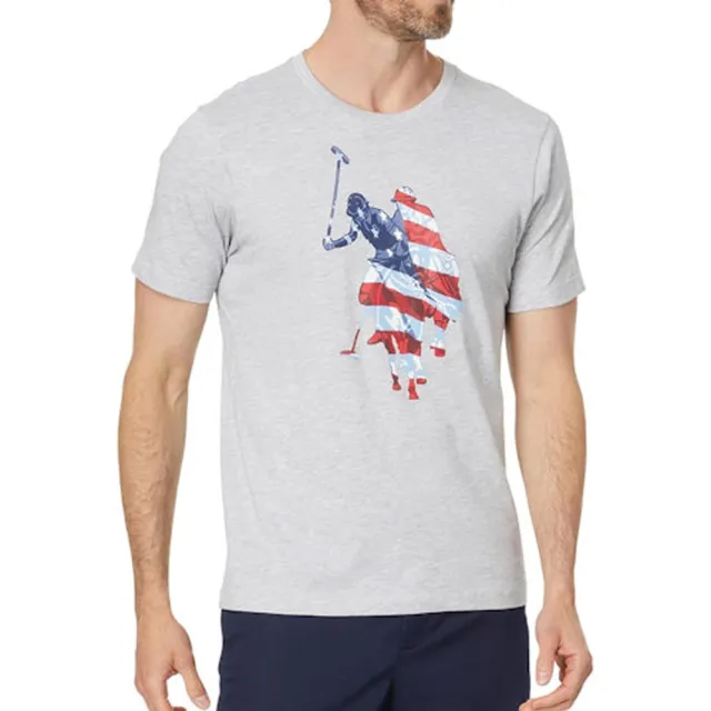 【U.S. POLO ASSN.】2025男時尚胸前馬球圖標灰色圓領短袖T恤-網