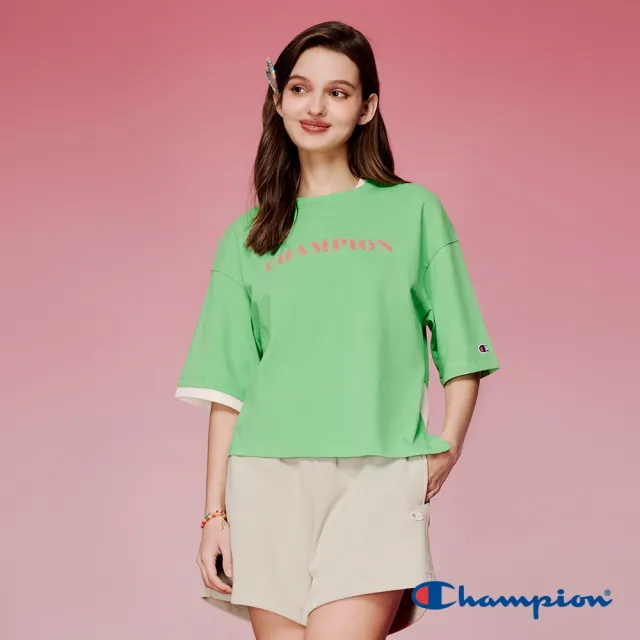 【Champion】官方直營 女款-CHAMPION For Her 假兩件式印花短袖TEE-淺綠色(T029HS24-AIDI)