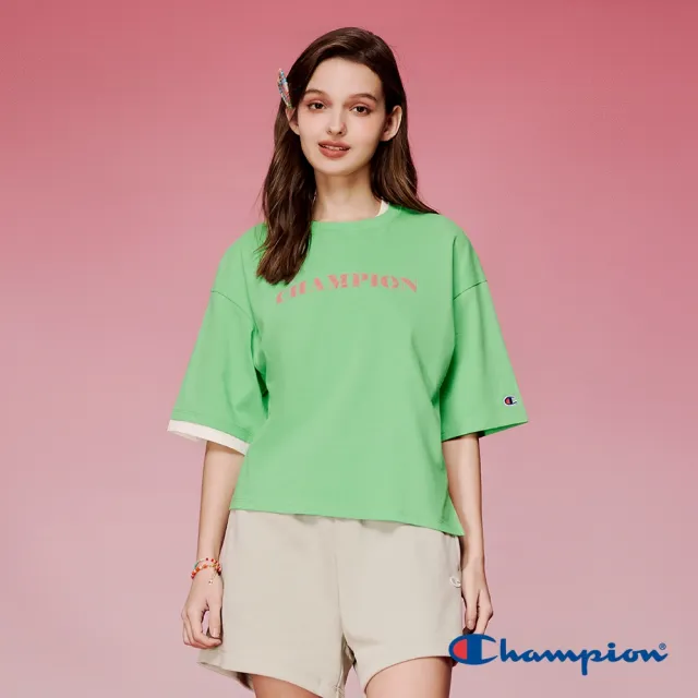 【Champion】官方直營 女款-CHAMPION For Her 假兩件式印花短袖TEE-淺綠色(T029HS24-AIDI)