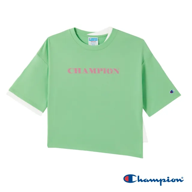 【Champion】官方直營 女款-CHAMPION For Her 假兩件式印花短袖TEE-淺綠色(T029HS24-AIDI)