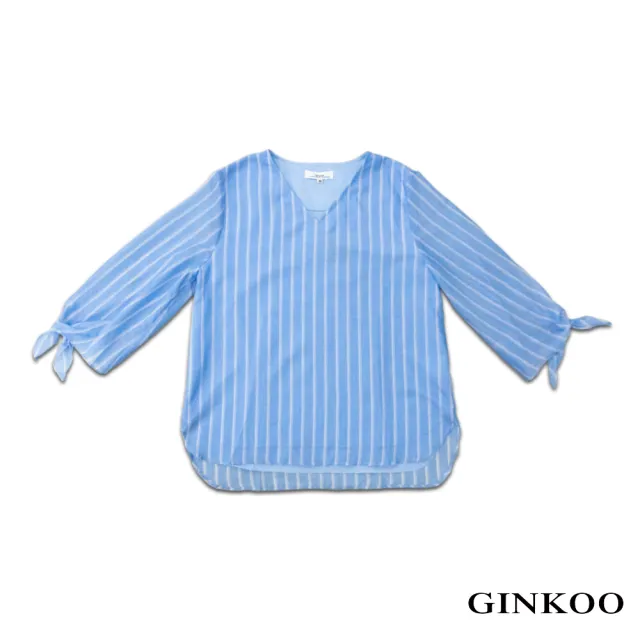 【GINKOO 俊克】V領條紋袖口綁帶上衣