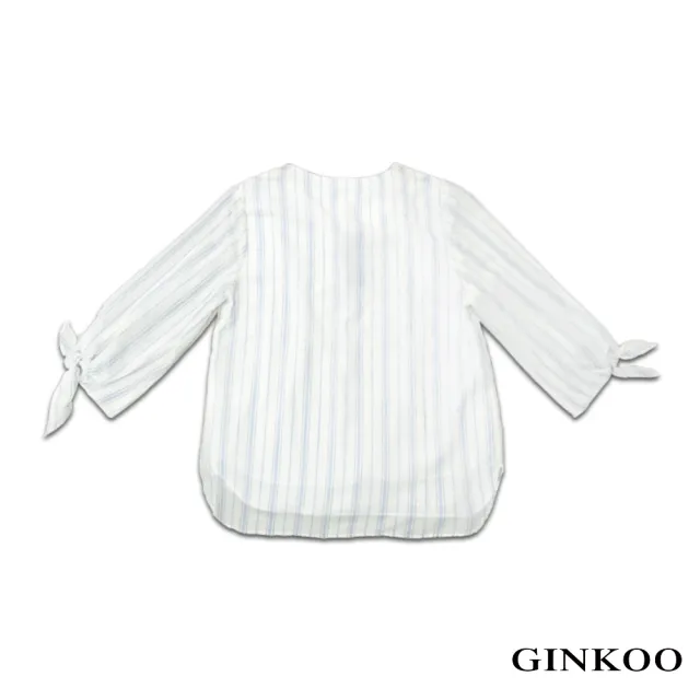 【GINKOO 俊克】V領條紋袖口綁帶上衣