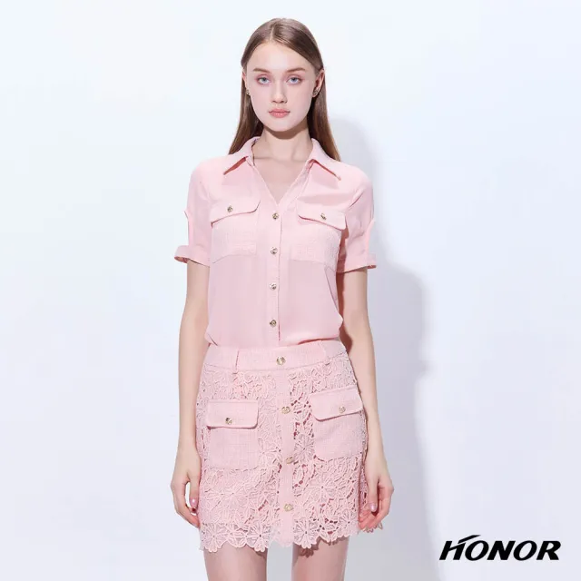【HONOR 山形屋】出清品 優雅金釦拼接口袋鏤空袖襯衫-粉(限定出清)