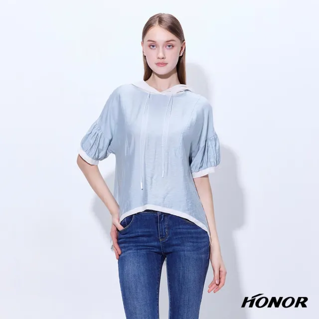 【HONOR 山形屋】出清品 輕薄撞色拼接抽繩連帽短袖上衣-藍/綠(限定出清)