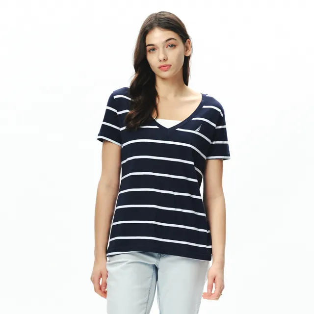 【NAUTICA】官方旗艦 女裝 細條紋V領短袖T恤(藍色)