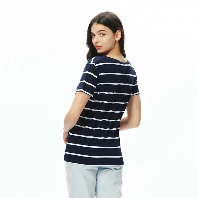 【NAUTICA】官方旗艦 女裝 細條紋V領短袖T恤(藍色)