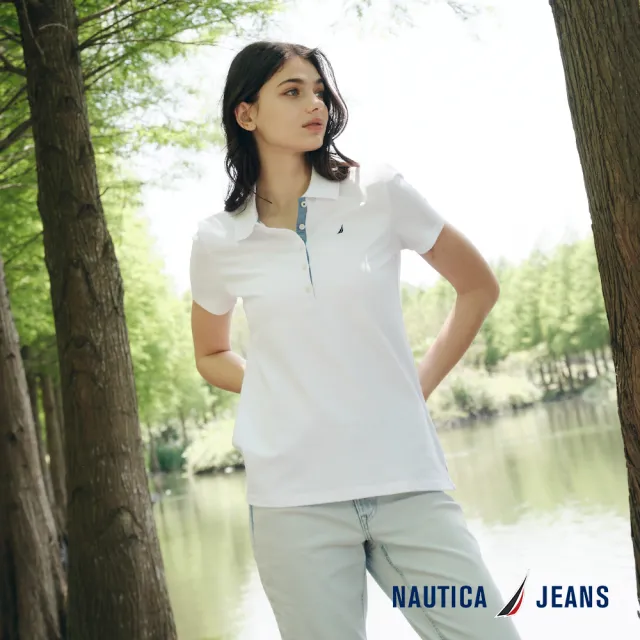 【NAUTICA】官方旗艦 女裝 經典素色排扣短袖POLO衫(白色)