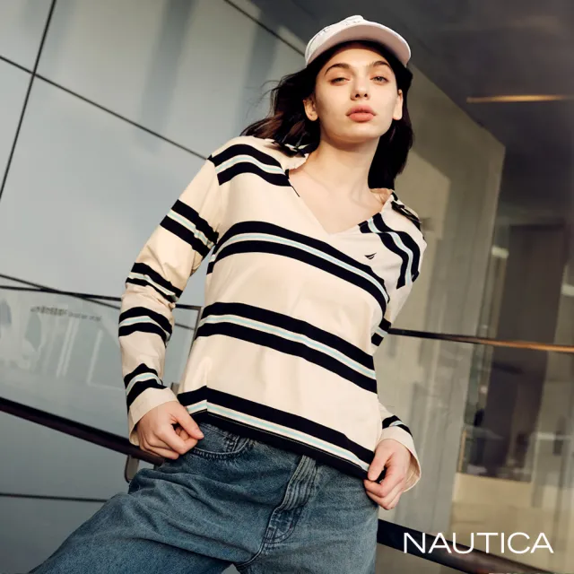 【NAUTICA】官方旗艦 女裝 撞色條紋休閒長袖POLO衫(卡其色)