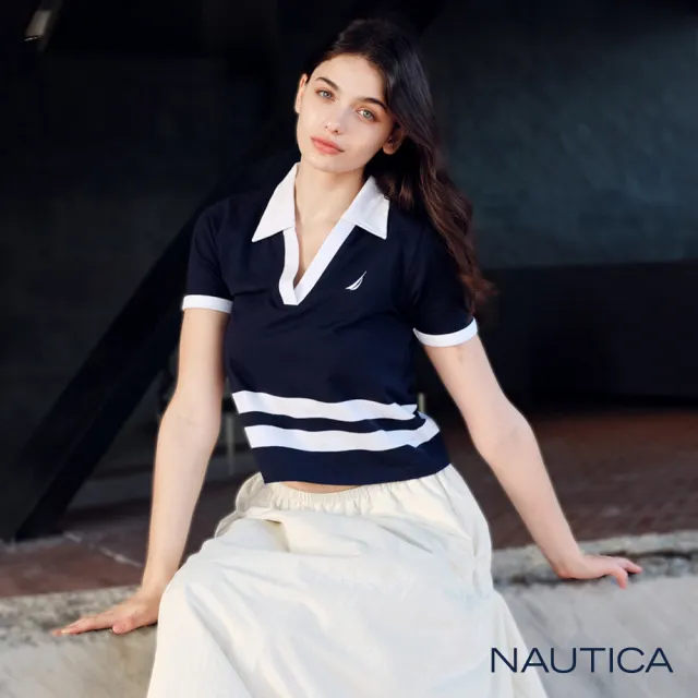 【NAUTICA】官方旗艦 女裝 經典條紋短版短袖POLO衫(藍色)