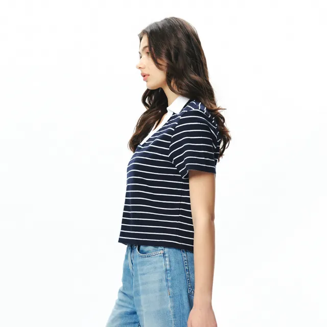 【NAUTICA】官方旗艦 女裝 經典條紋白領短袖POLO衫(深藍色)