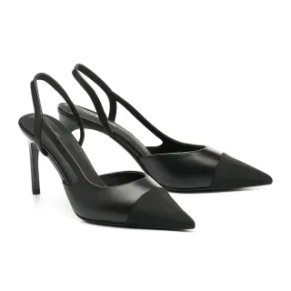 【AS 集團】優雅氣質綢布拼接羊皮後繫帶美型尖頭高跟鞋(黑)