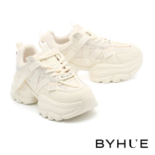 【BYHUE】率性街頭風晶鑽異材質軟芯老爹厚底休閒鞋(白)