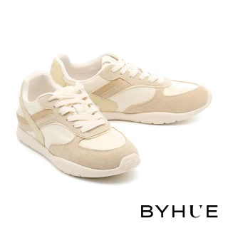 【BYHUE】百搭舒適撞色線條異材質綁帶軟芯厚底休閒鞋(米)