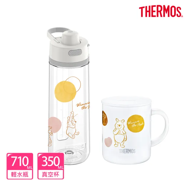 【THERMOS 膳魔師】獨家專售_小熊維尼甜甜圈篇彈蓋輕水瓶710ml+不鏽鋼真空杯350ml(TP4329WP+JDG-350WP)