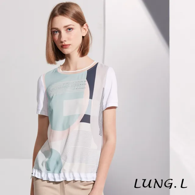 【LUNG.L 林佳樺】LR59A 白色前片幾何印花燙鑽短袖女裝上衣(春夏新品)