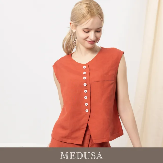 【MEDUSA 曼度莎】現貨-涼感排釦V領亞麻無袖背心 - 2色（M-XL）｜亞麻 夏季(601-5280A)