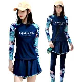 【Kosmiya】1套 三件式 扶桑碎花防曬衝浪泳裝/三件式泳裝/保守泳裝/溫泉泳裝/防曬泳裝(M-XL)
