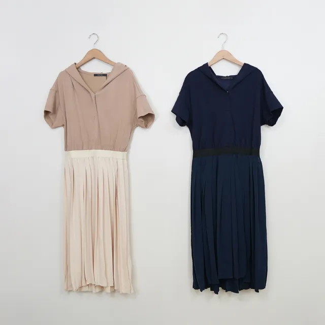 【MASTINA】異材質拼接連帽壓褶短袖洋裝(深藍 卡/魅力商品)