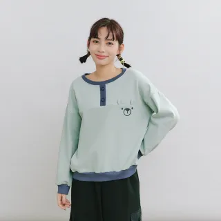 【Dailo】好柔軟萌貓撞色刷毛長袖上衣(粉 綠 米)