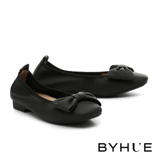 【BYHUE】簡約氣質大蝴蝶結絲綢羊皮軟芯方頭低跟鞋(黑)