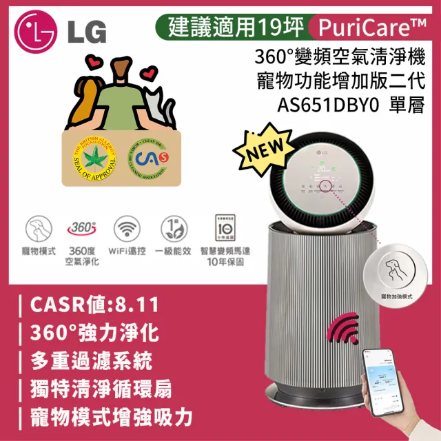 【LG 樂金】寵物版單層抗敏循環空氣清淨機-二代專業版(AS651DBY0.ATT)