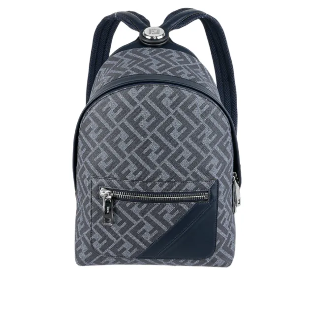 【FENDI 芬迪】Diagonal 對角設計帆布及皮革小型拉鍊後背包(牛仔藍)