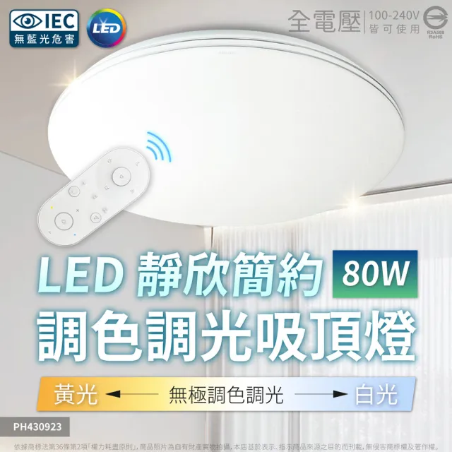 【Philips 飛利浦】LED Pyxis 80W 靜欣 簡約 遙控吸頂燈 舒適光 可調光調色 (保固5年)7-10坪 全電壓