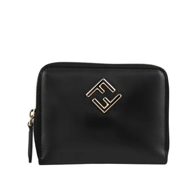【FENDI 芬迪】FF Diamonds 素面小牛皮6卡拉鏈短夾(黑色)