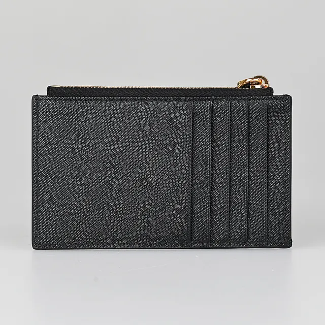 【PRADA 普拉達】PRADA Saffiano 三角牌LOGO十字紋小牛皮5卡拉鍊卡夾(黑)