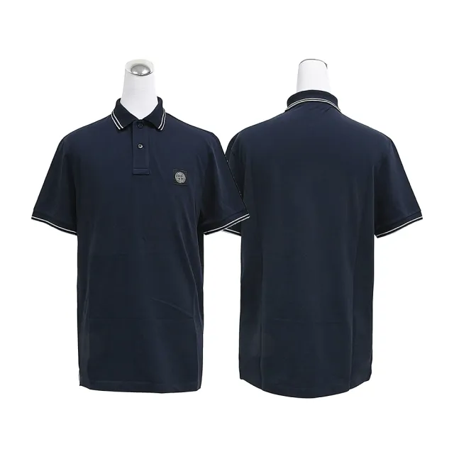 【Stone Island】Stone Island 羅盤補丁LOGO條紋領圍設計雙釦棉質混紡短袖POLO衫(男款/海軍藍)