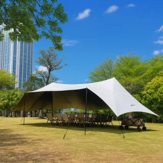 【LIFECODE】大雙峰黑膠天幕-米色 附營柱/營釘(900x500cm)