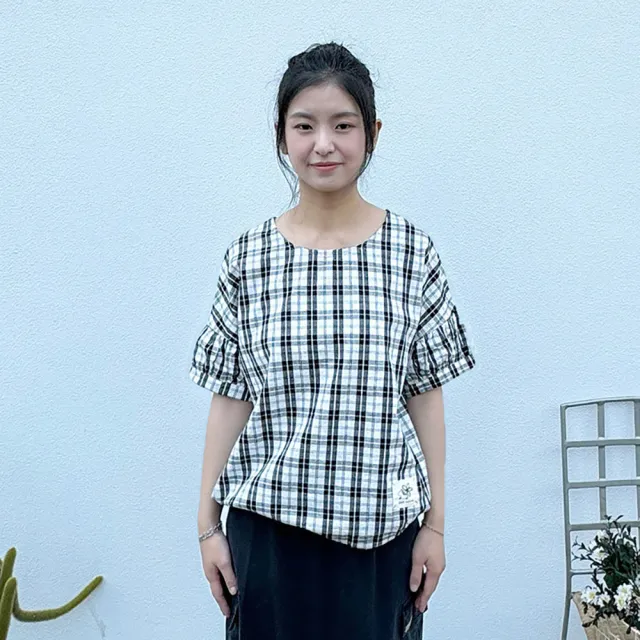【Hana Mokuba】花木馬日系女裝圓領格紋落肩上衣(上衣)