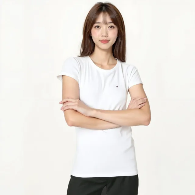 【TOMMY HILFIGER】女款 圓領 刺繡 小LOGO 素T(修身款 有腰身)