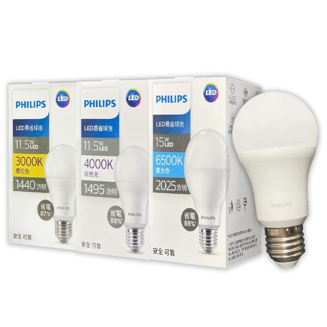 【Philips 飛利浦】12入 2025最新款 易省 LED 燈泡 11.5W E27 全電壓 LED 球泡燈(黃光/自然光/白光)