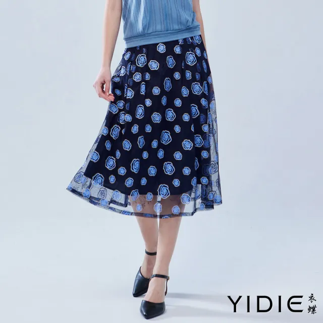 【YIDIE】出清品 金蔥織帶玫瑰網紗長裙-藍
