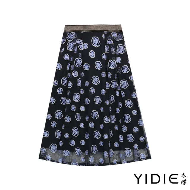 【YIDIE】出清品 金蔥織帶玫瑰網紗長裙-藍