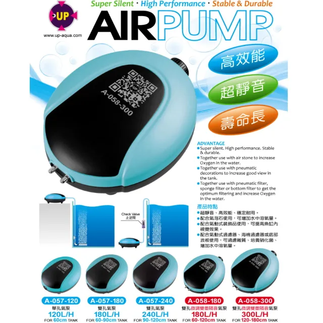 【UP雅柏】300型 可調式雙孔氣泵/旋鈕微調出氣量/雙孔打氣機(雙孔金屬出氣頭 058300)