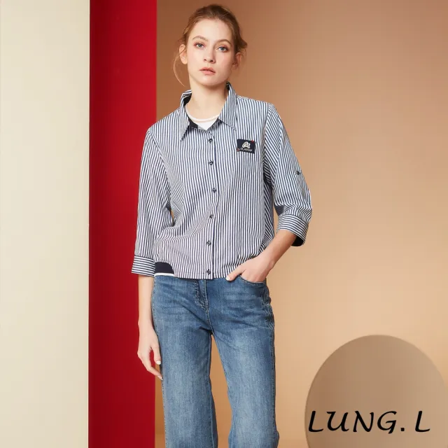 【LUNG.L 林佳樺】LS78C 藍白條紋下擺接羅紋七分袖女裝襯衫(春夏新品)